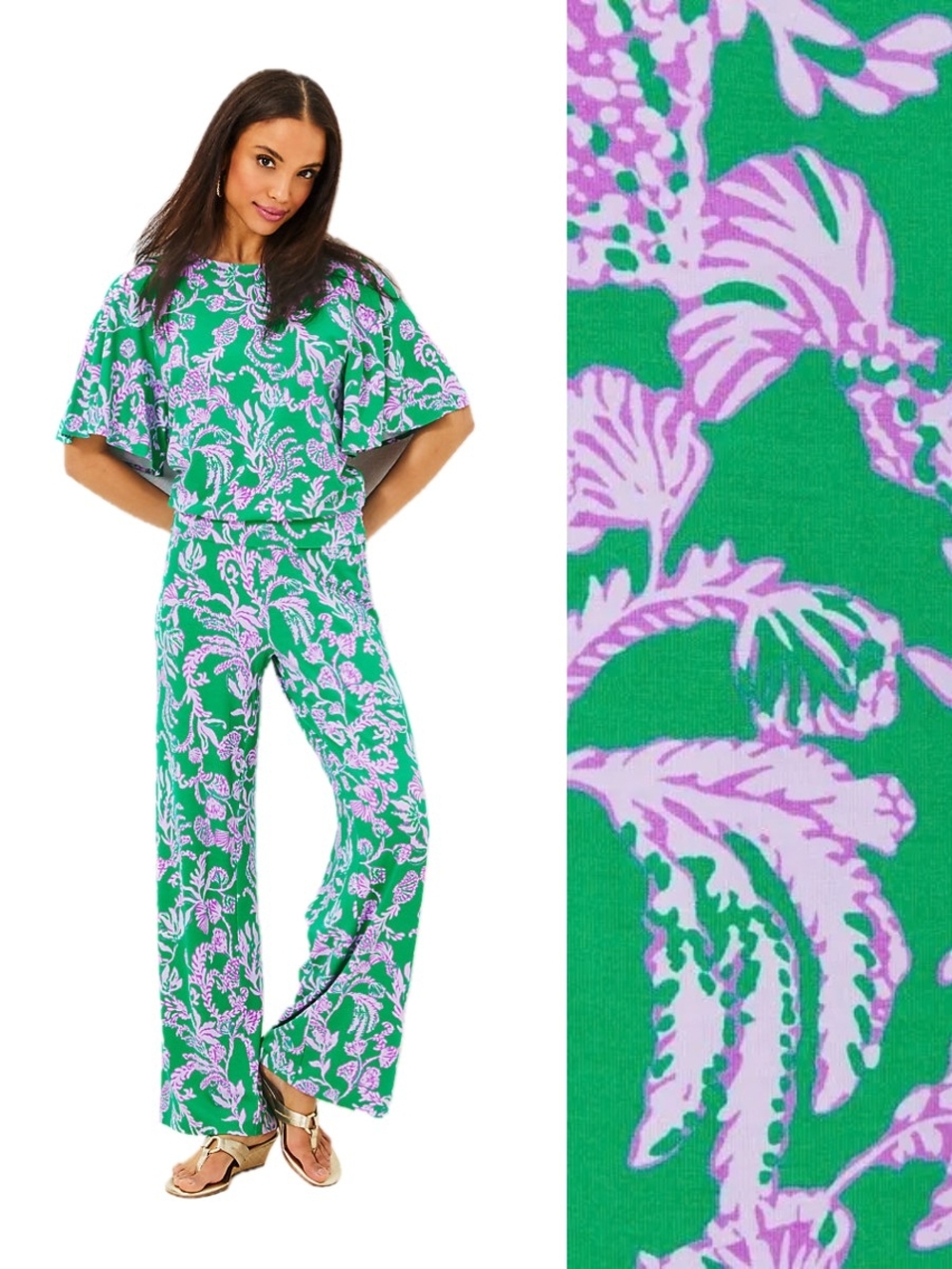 Lilly Pulitzer 2 Piece Set Purple & Green Botanical Print Top & Palazzo Pants XS